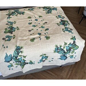 Vintage Linen Tablecloth Fairfield Blue Aqua Flowers Kitchen Ware Rectangle